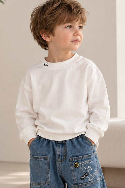Boys’ Soft White Long-Sleeve T-Shirt with Smiley Detail