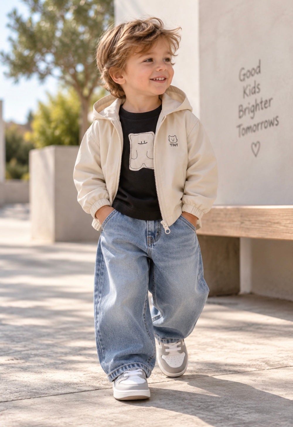 Boys’ Lightweight Zip-Up Hooded Windbreaker – Cream