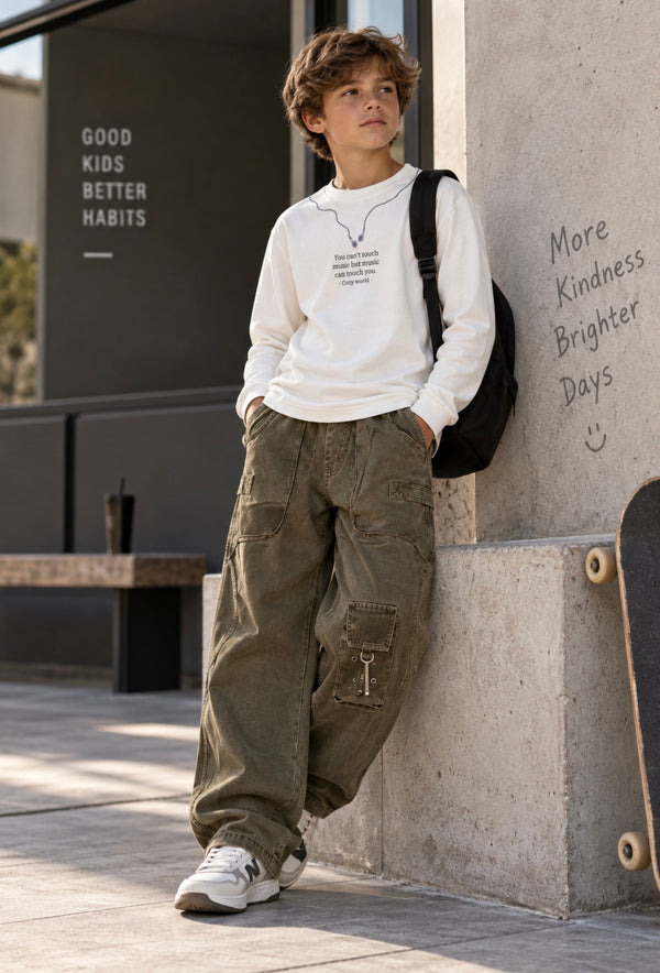 Boys’ Vintage Washed Cargo Wide-Leg Pants – Olive Green