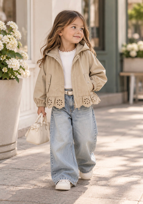 Girls’ Eyelet Lace Hem Hooded Jacket – Beige