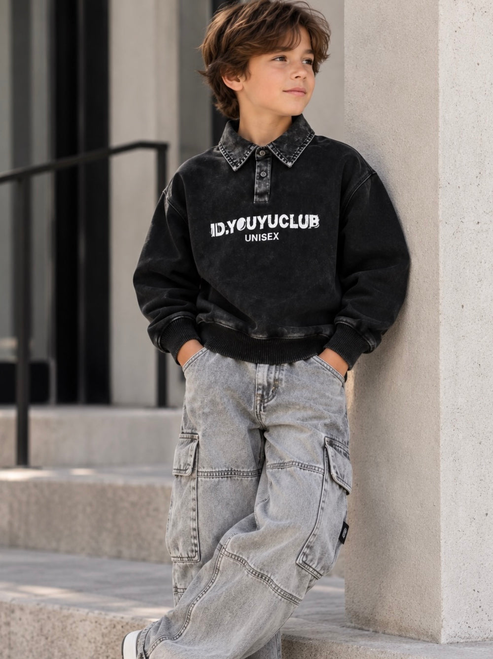 Boys’ Vintage Washed Denim Collar Sweatshirt – Charcoal Black