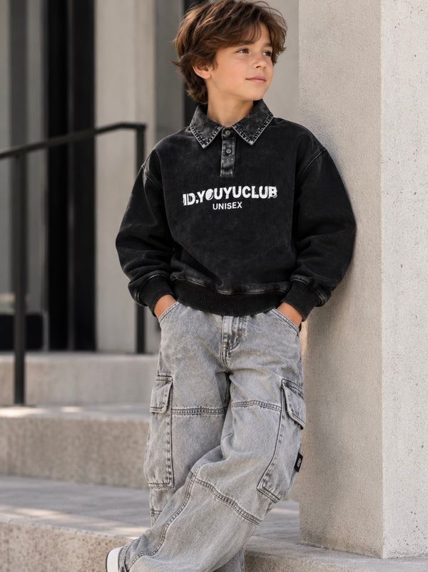 Boys’ Vintage Washed Denim Collar Sweatshirt – Charcoal Black