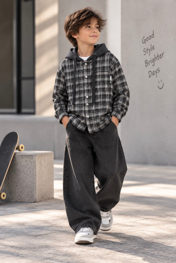 Boys’ Black & White Plaid Hooded Shirt