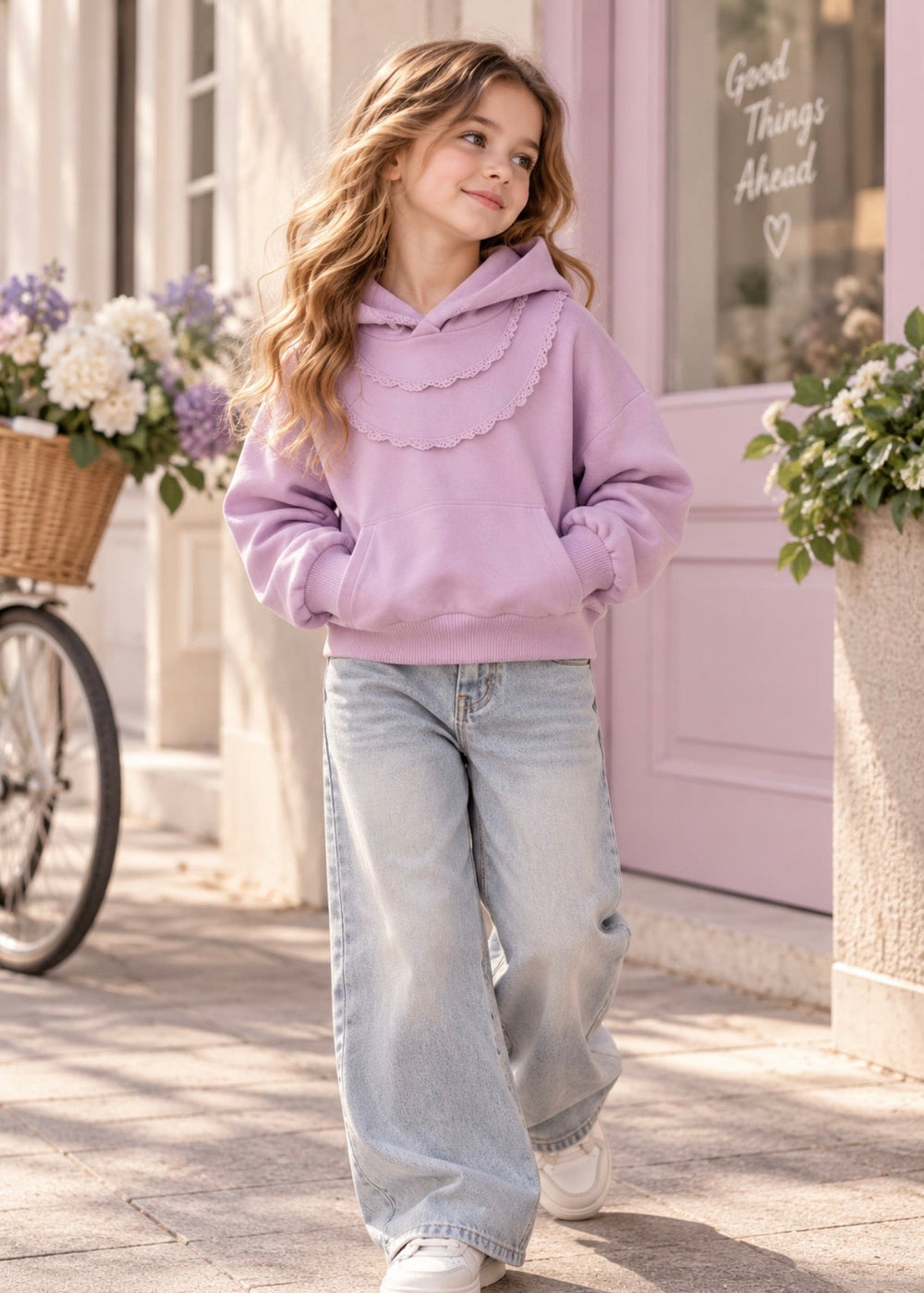 Girls’ Ruffled Lavender Hooded Sweatshirt