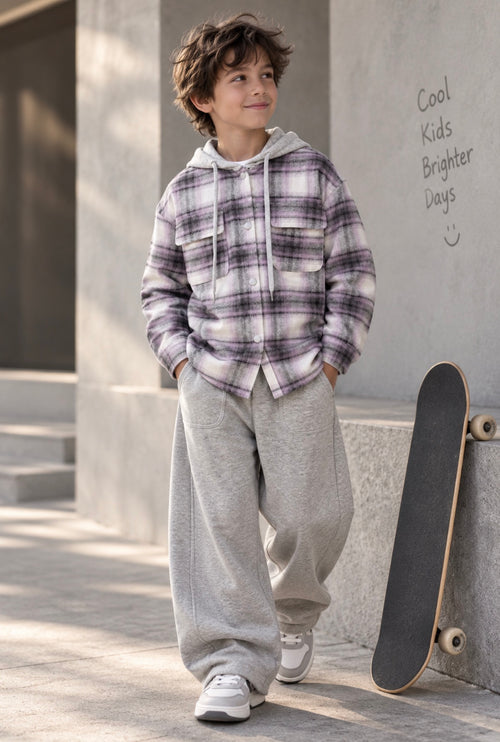Boys’ Lavender & Gray Plaid Fleece Hoodie Shirt