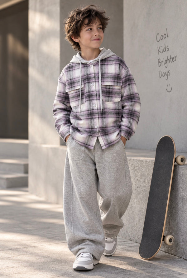 Boys’ Lavender & Gray Plaid Fleece Hoodie Shirt