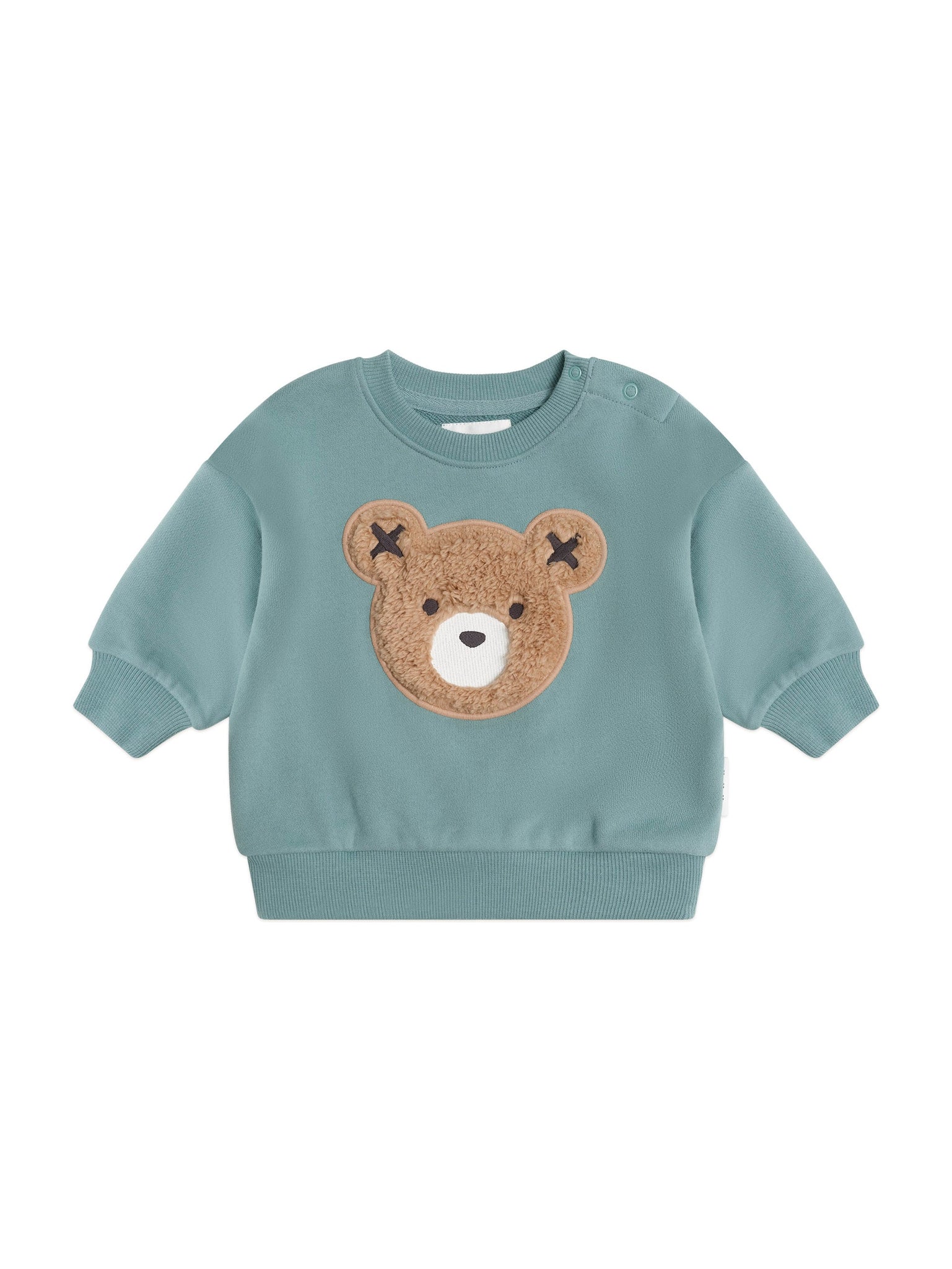 Children's light blue sweatshirt with a bear face patch on a white background
