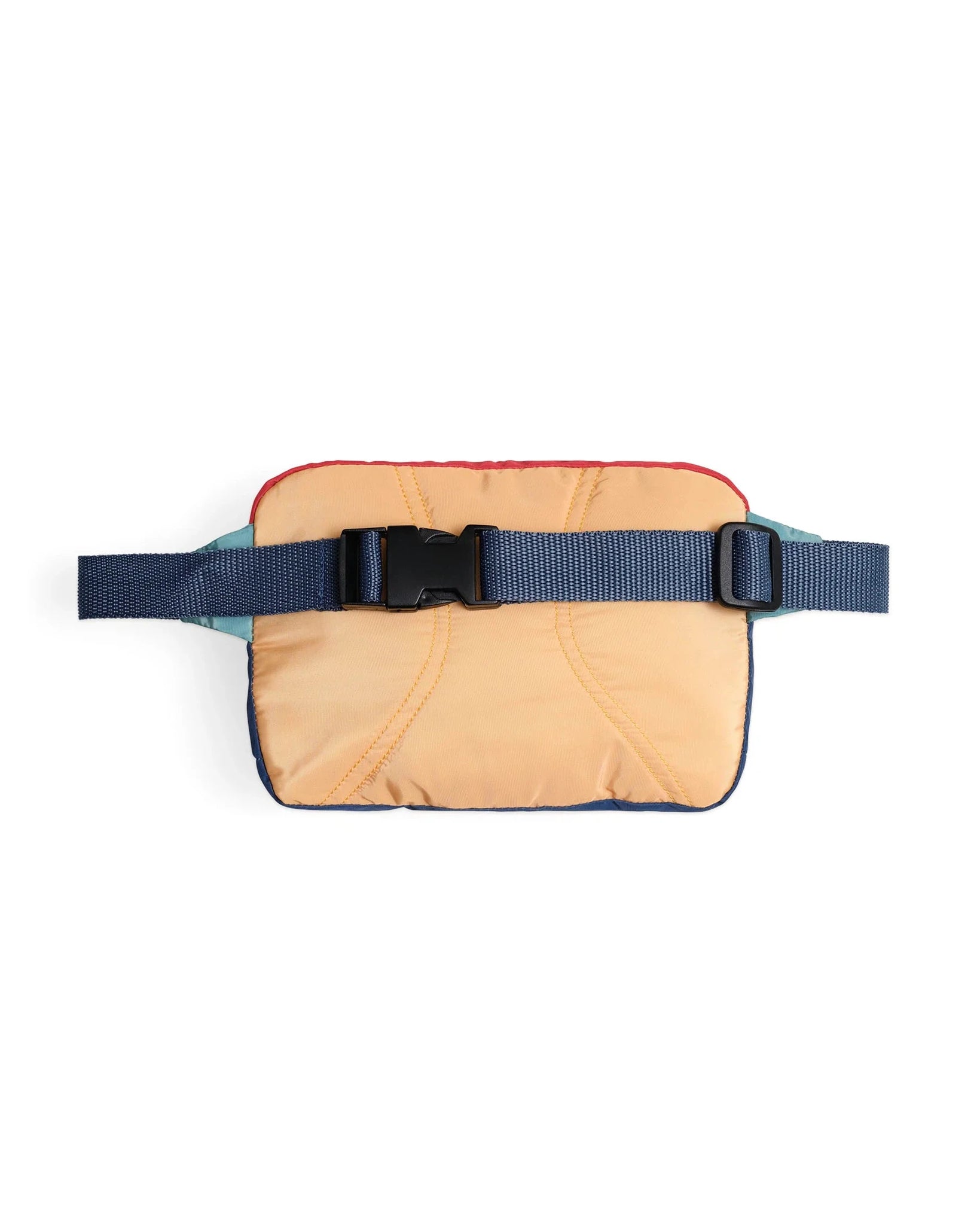 Beige travel pouch with a black strap on a white background