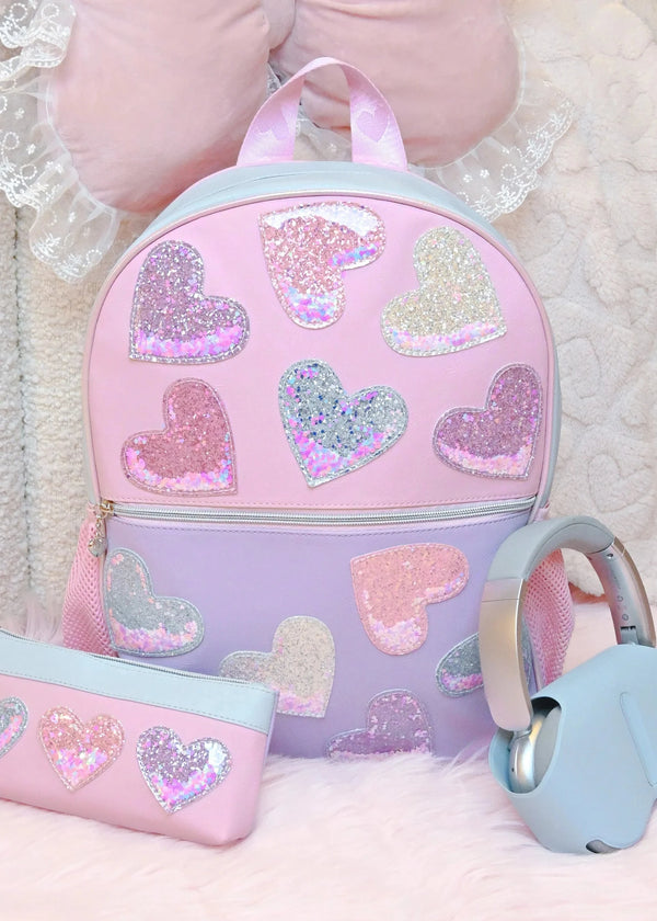 Confetti Heart Patched Color Block Large Backpack With Pencil Case
