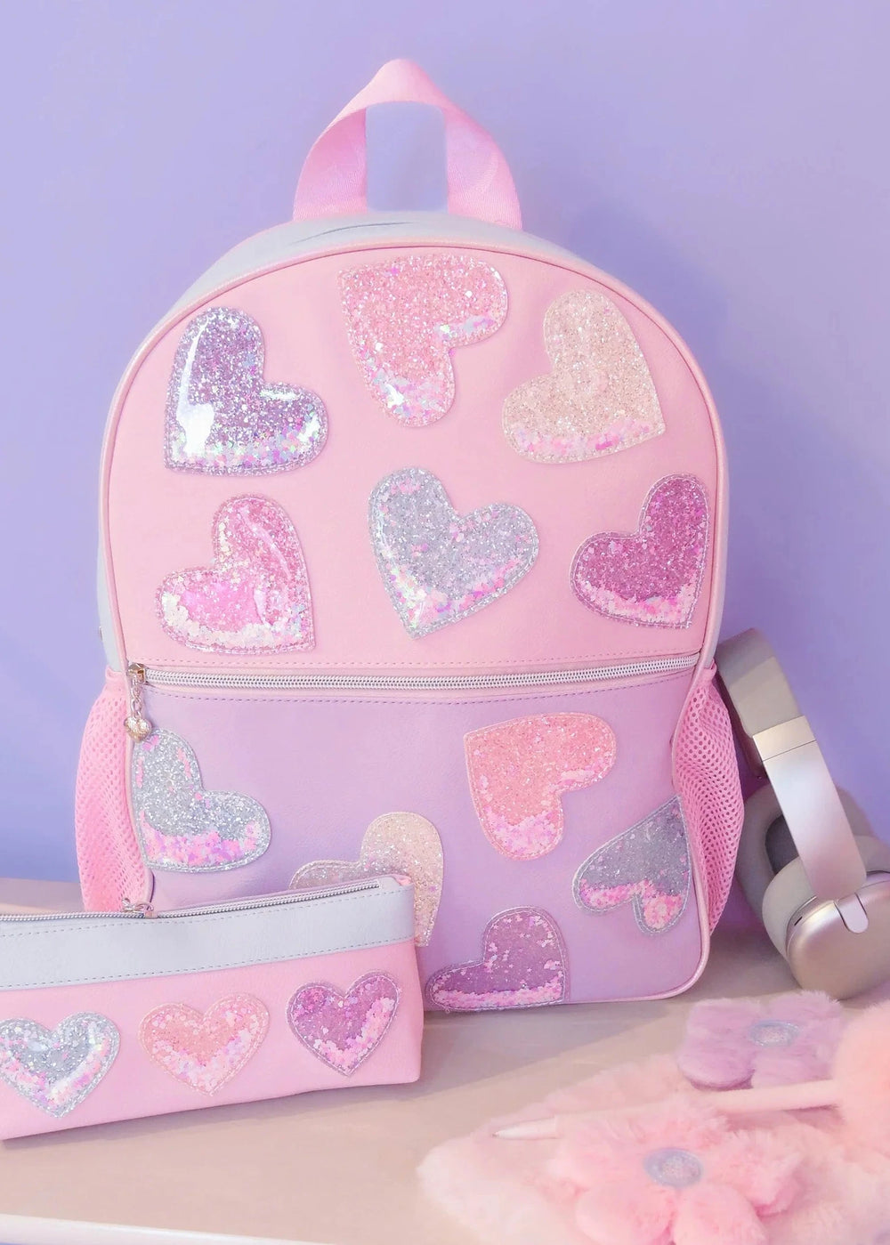 Confetti Heart Patched Color Block Large Backpack With Pencil Case