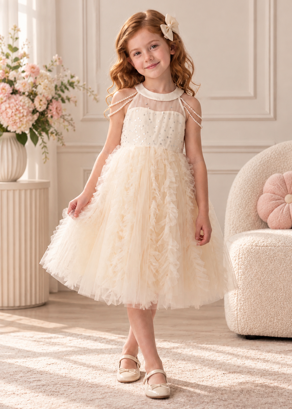 irls’ Pearl Shoulder Ruffle Tulle Dress – Ivory