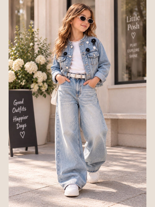 Girls’ Vintage Wash Wide-Leg Jeans with White Belt