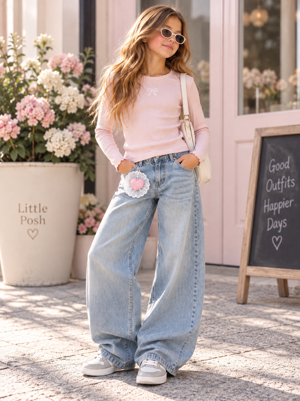 Girls’ Light Blue Wide-Leg Jeans with Pink Heart Detail