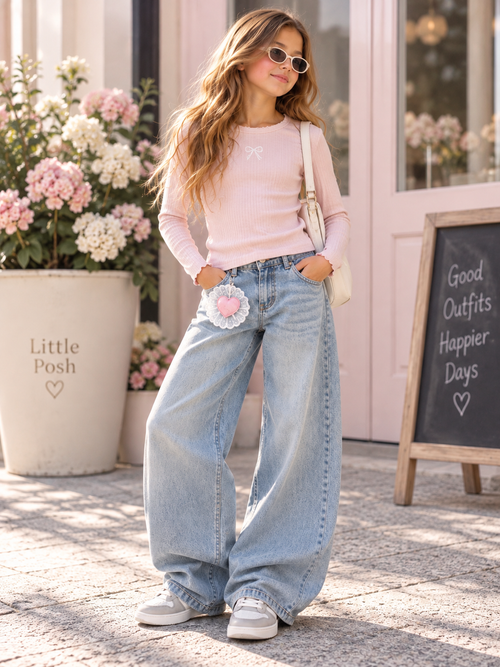 Girls’ Light Blue Wide-Leg Jeans with Pink Heart Detail