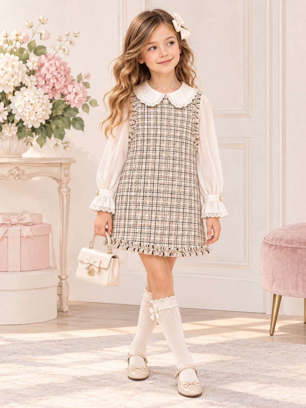 Girls’ Classic Tweed Pinafore Dress with Blouse – Ivory & Beige