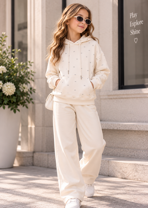 Girls’ Mini Bow Print Hoodie – Ivory