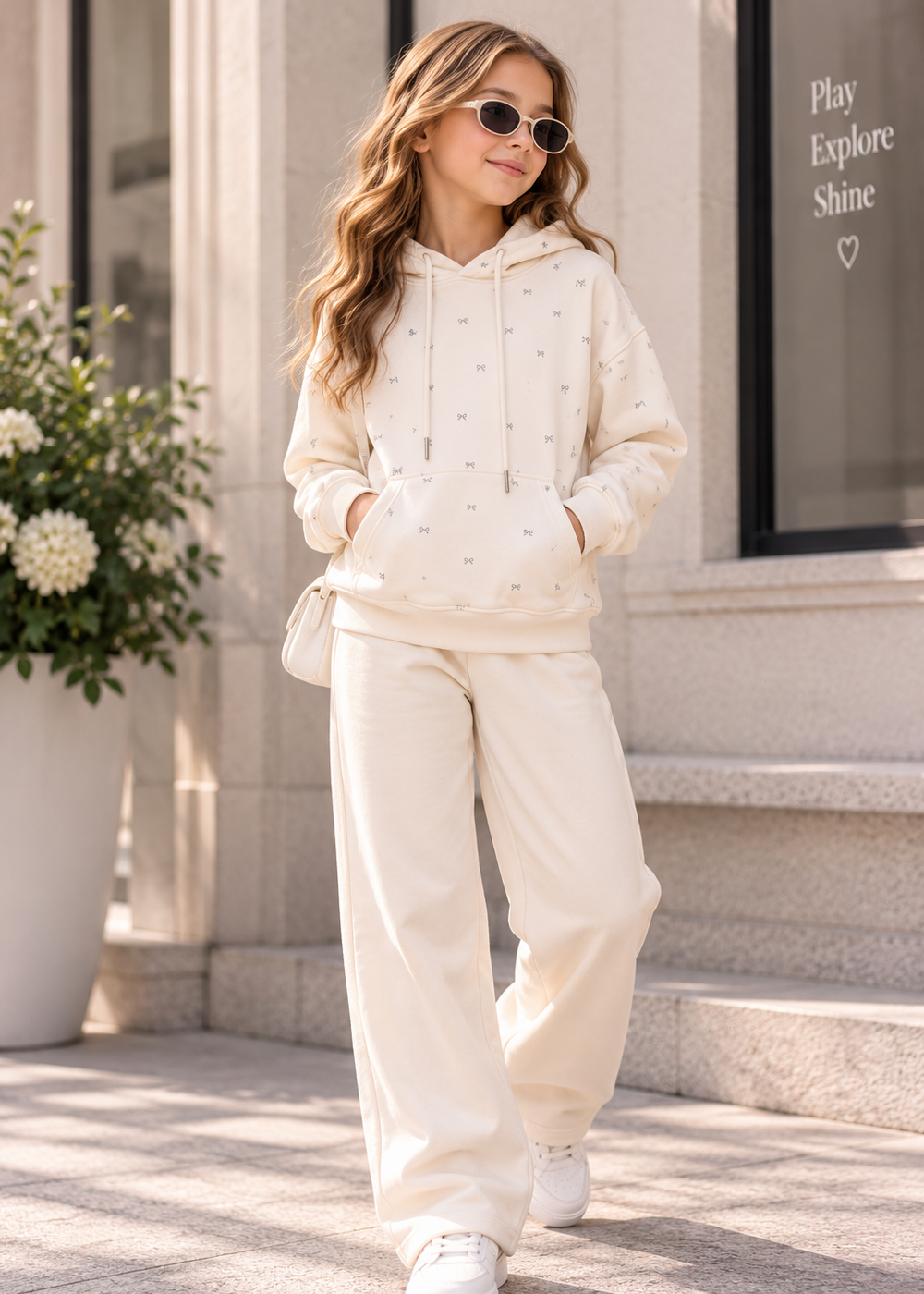 Girls’ Mini Bow Print Hoodie – Ivory