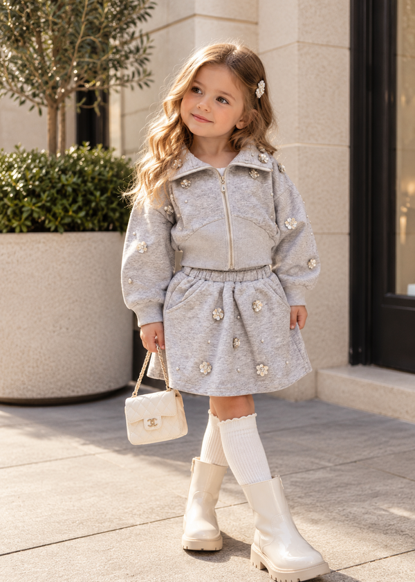Girls’ Crystal Flower Embellished Jacket & Skirt Grey