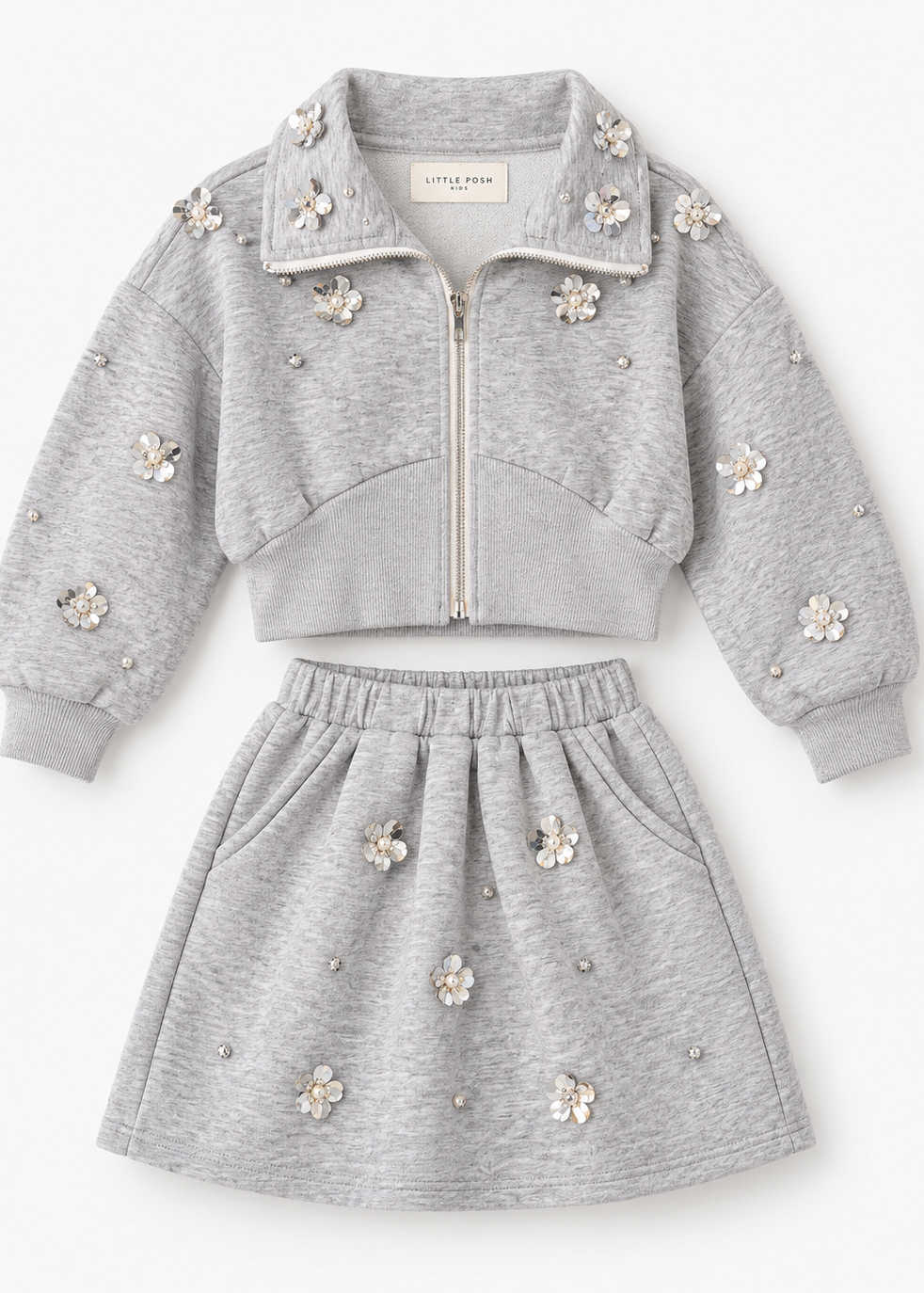 Girls’ Crystal Flower Embellished Jacket & Skirt Grey