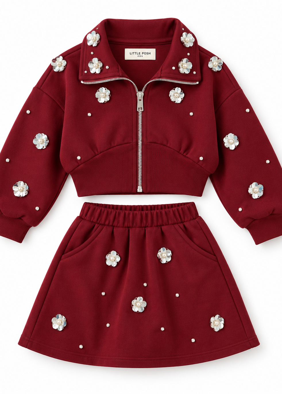 Girls’ Crystal Flower Embellished Jacket & Skirt Set Burgundy