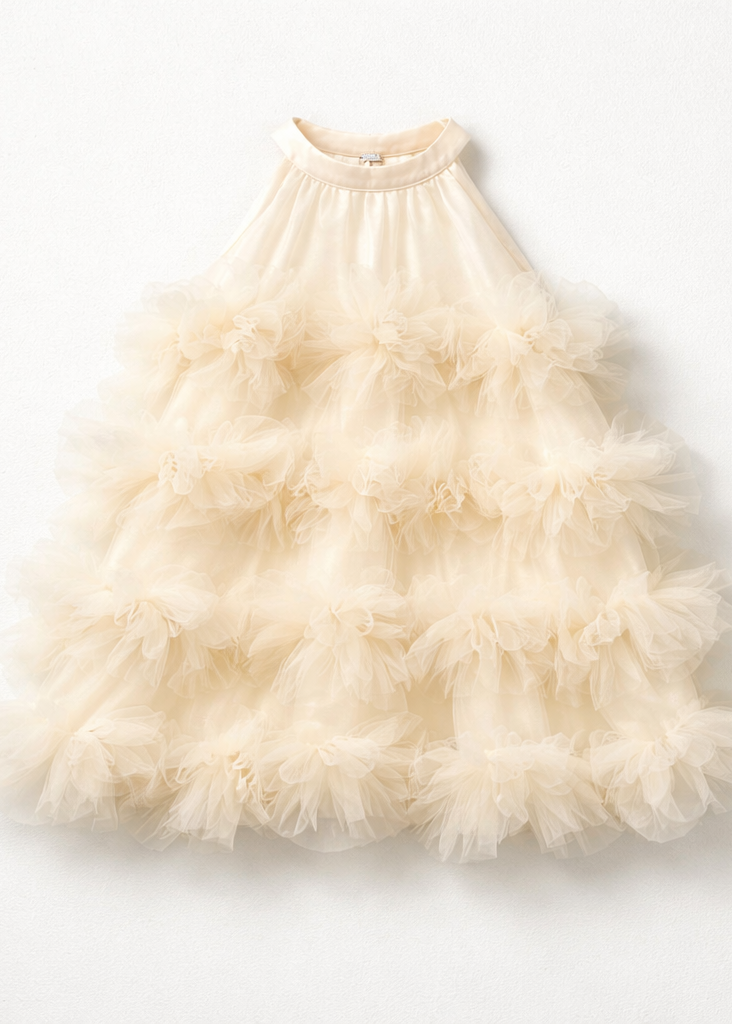Cream-colored feathered dress on a white background