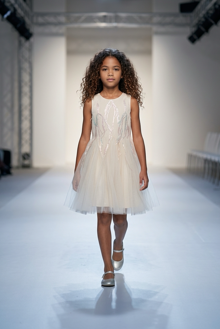 Tulle Dress Beige Color w Sequin Details