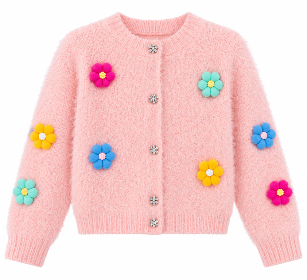 Pink Fuzzy Flower Cardigan