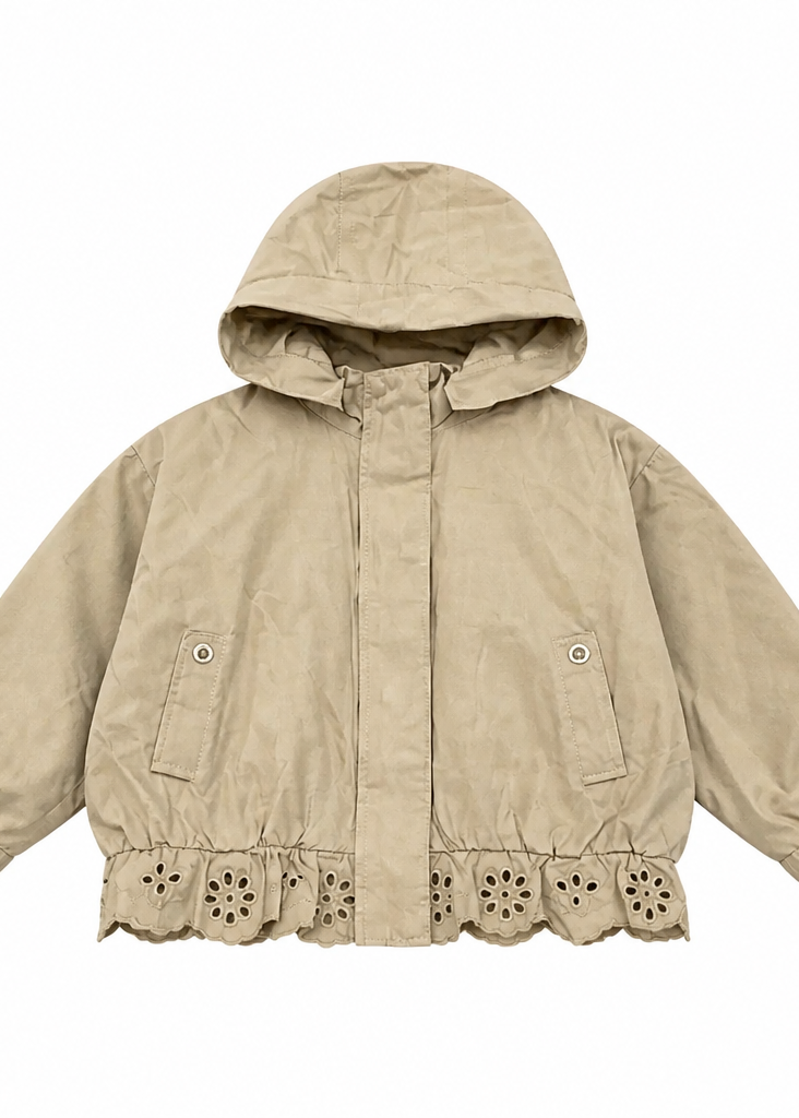 Girls’ Eyelet Lace Hem Hooded Jacket – Beige