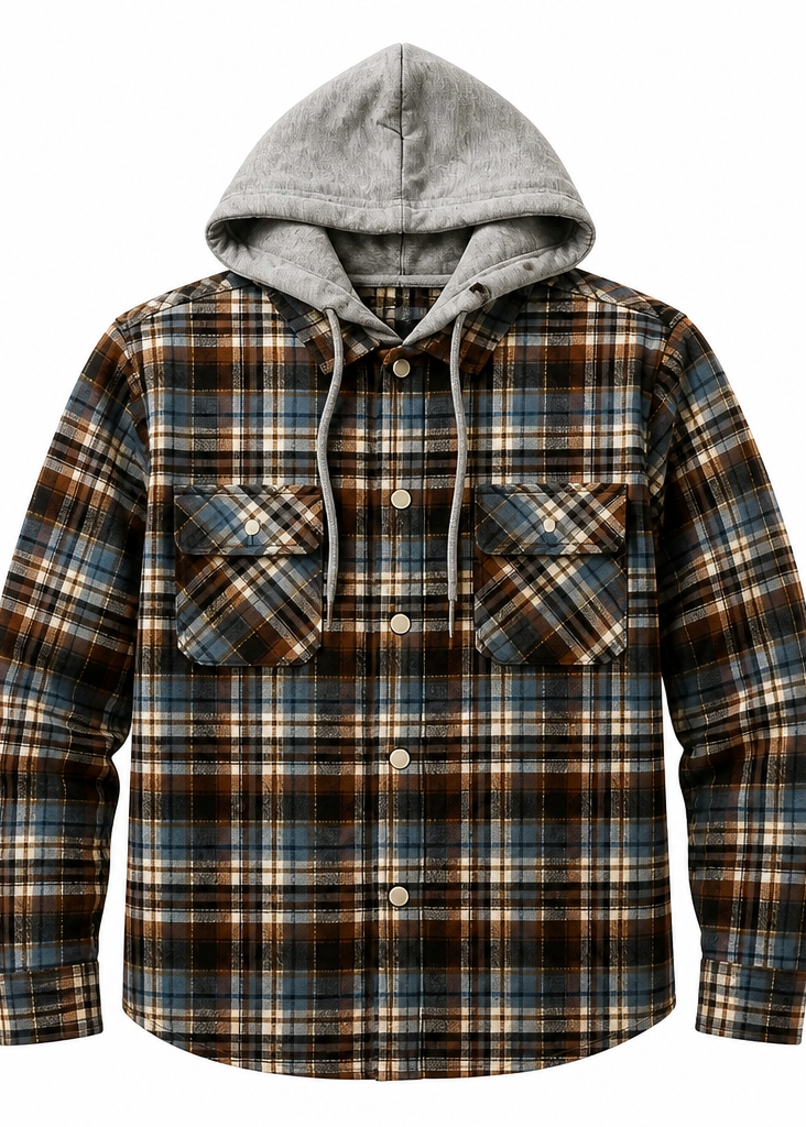 Boys’ Plaid Fleece Hooded Shirt – Brown & Blue
