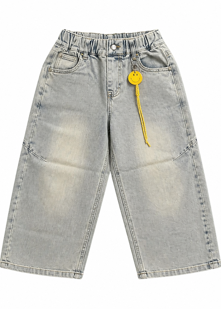 Kids’ Vintage Washed Wide-Leg Jeans with Smiley Charm – Unisex