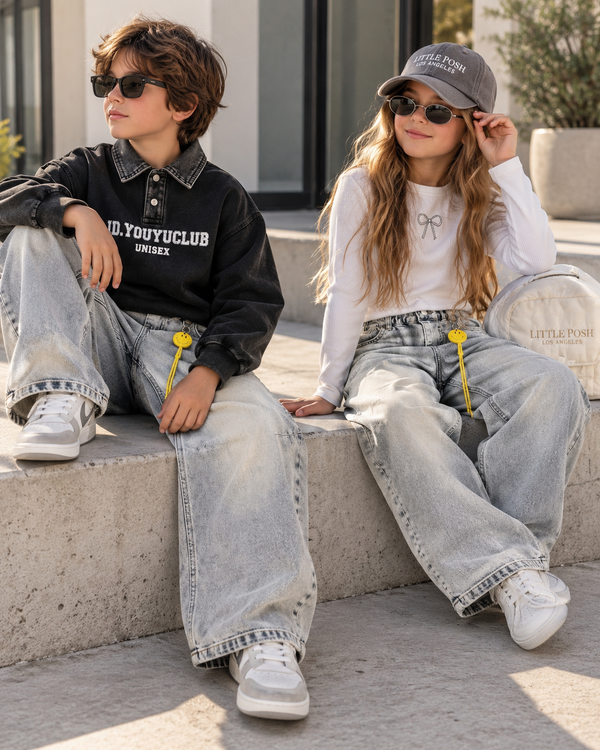 Kids’ Vintage Washed Wide-Leg Jeans with Smiley Charm – Unisex