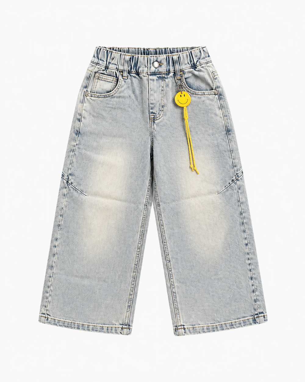 Kids’ Vintage Washed Wide-Leg Jeans with Smiley Charm – Unisex