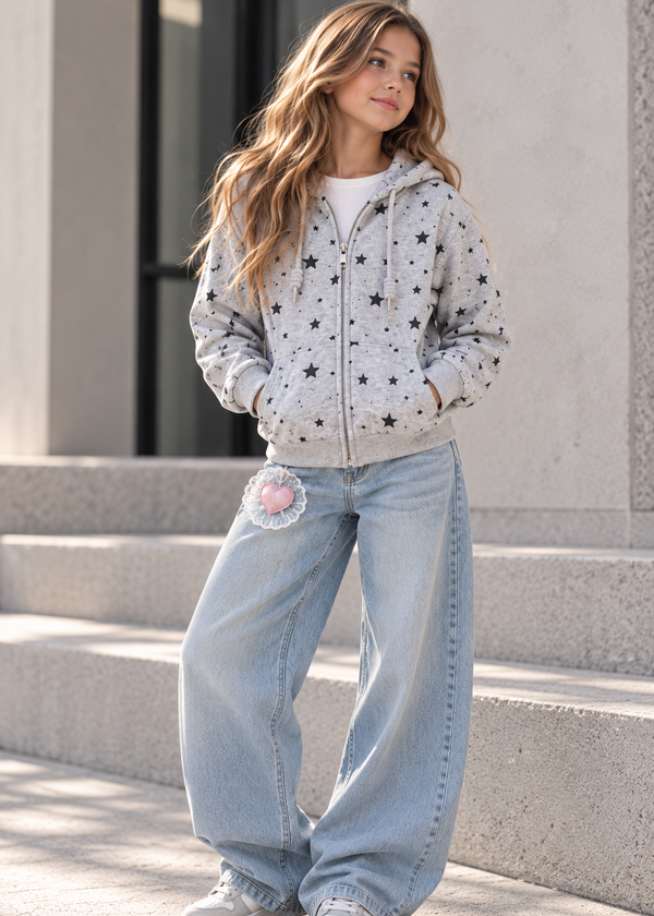 Girls’ Star Print Layered Zip-Up Hoodie
