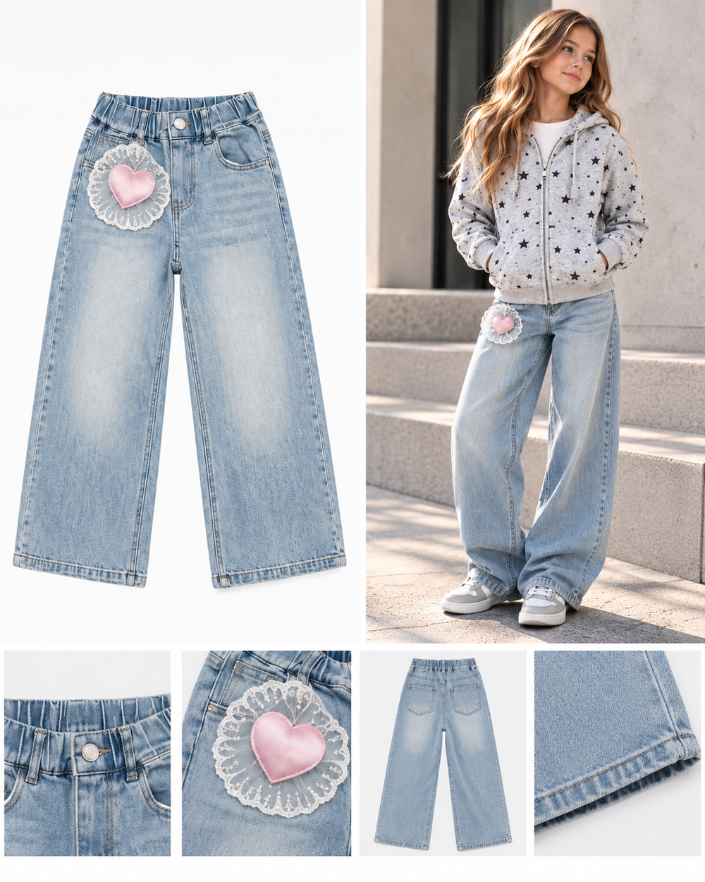 Girls’ Light Blue Wide-Leg Jeans with Pink Heart Detail