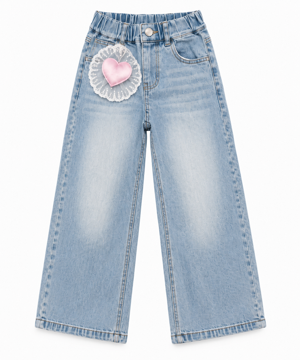 Girls’ Light Blue Wide-Leg Jeans with Pink Heart Detail