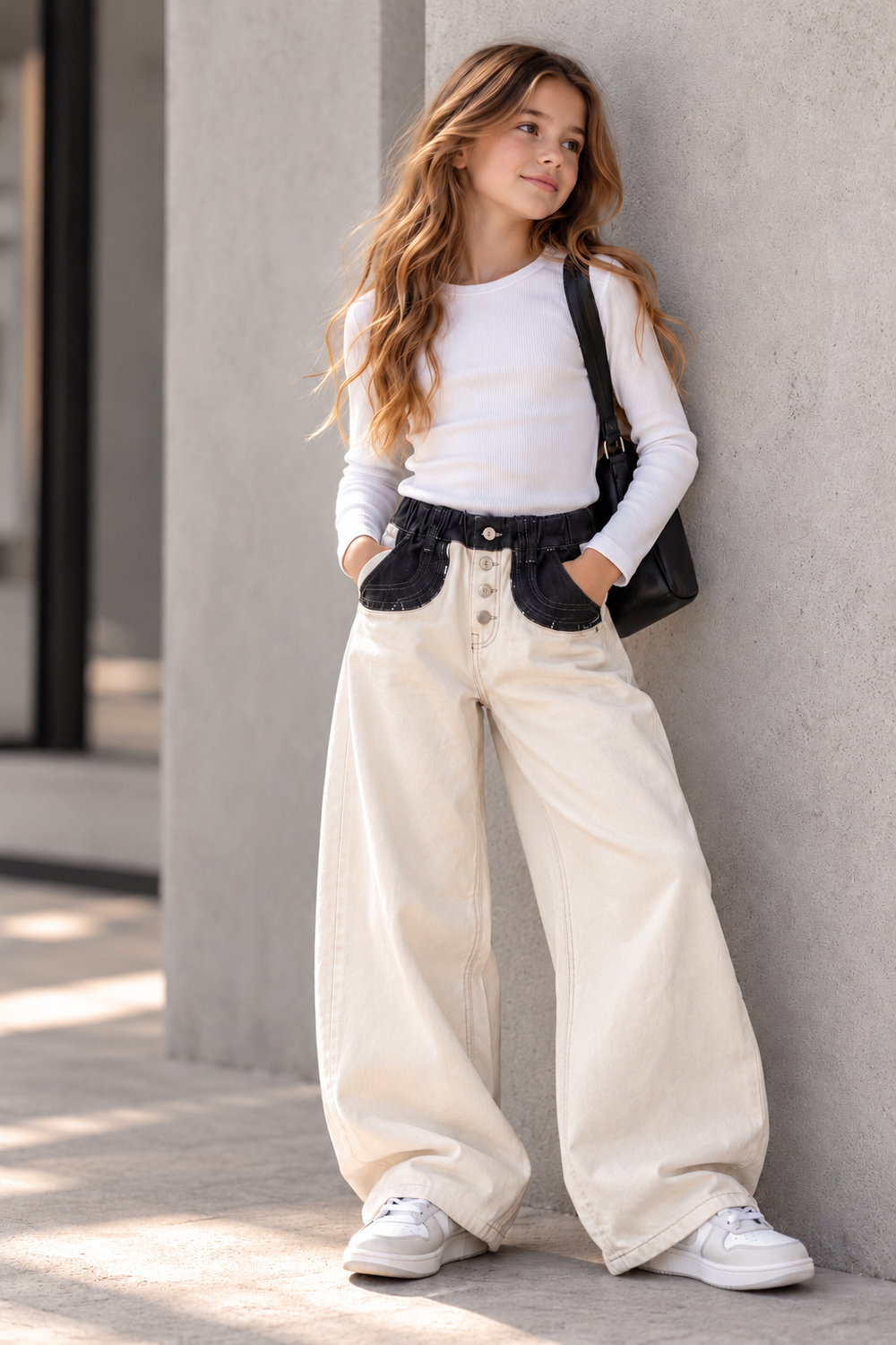Girls’ Two-Tone Wide-Leg Jeans