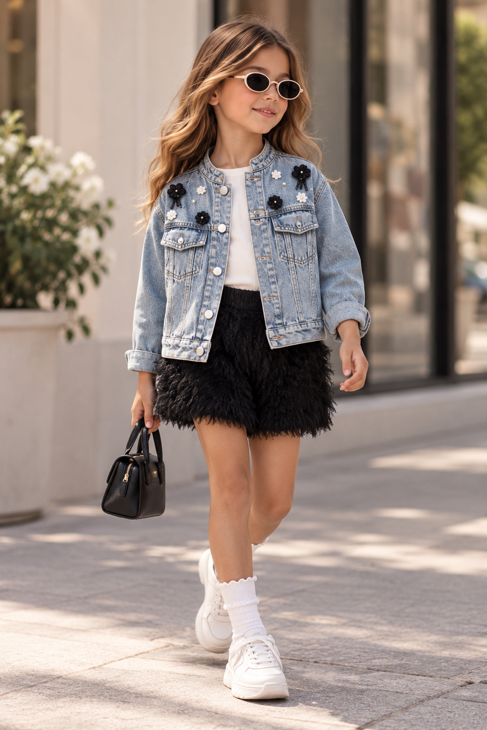 Girls’ Floral Embellished Denim Jacket