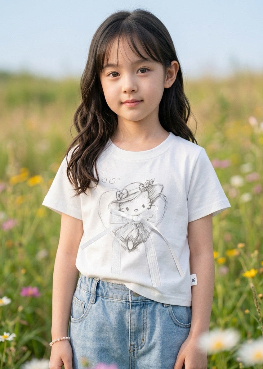 Young girl standing in a field of flowers wearing a white t-shirt with a graphic design.