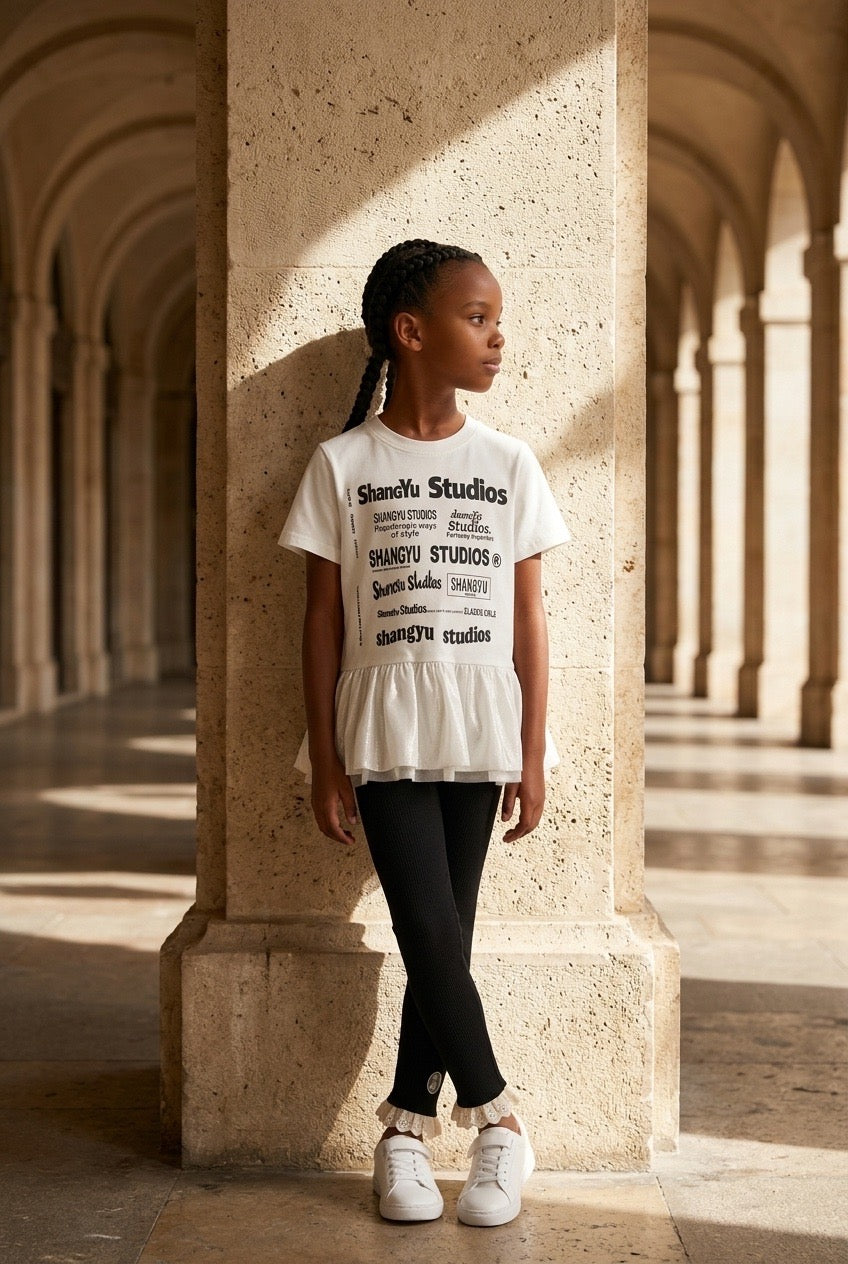 White Graphic Ruffle Tee