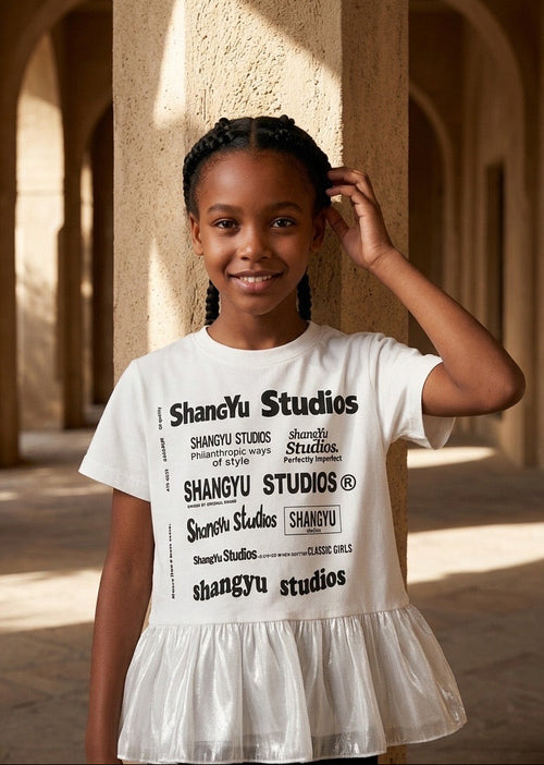 White Graphic Ruffle Tee