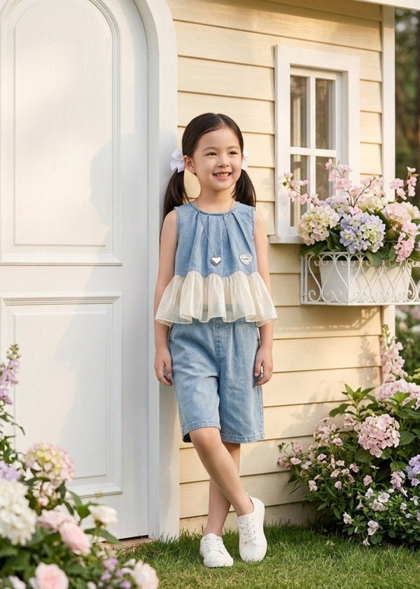 Denim Ruffle Short Set with Heart Necklace