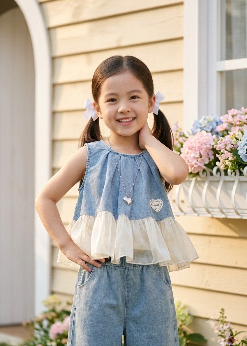 Denim Ruffle Short Set with Heart Necklace