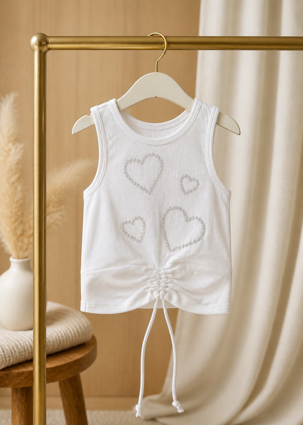 Heart Rhinestone Detail White Tank Top