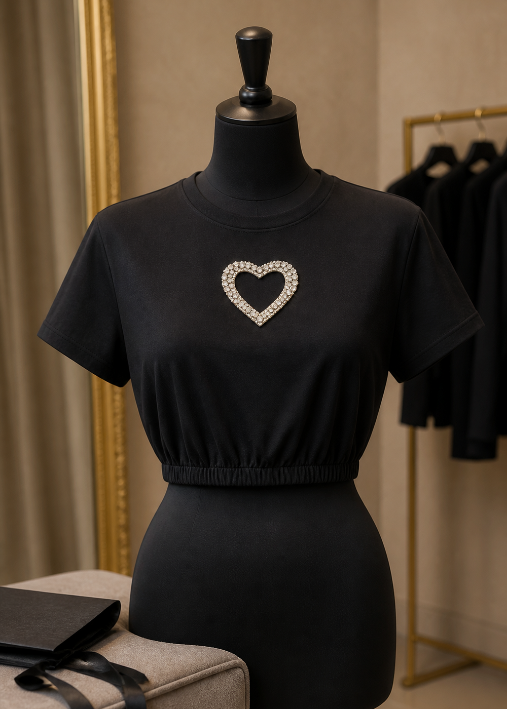Elegant Heart Shaped Rhinestone T-Shirt