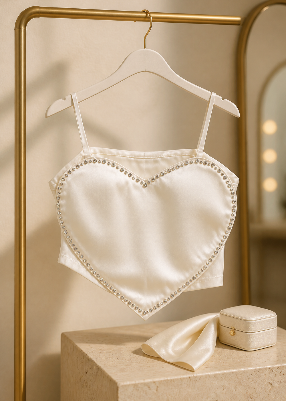 White Heart-shaped Rhinestone Strap Crop Top
