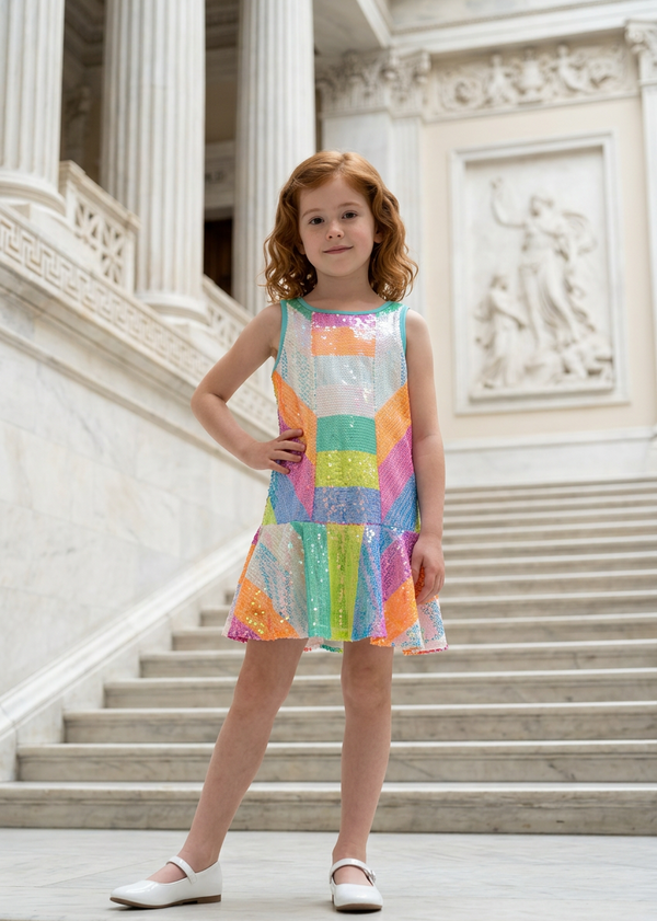 Neon Pink Dropped Waist Sequined Dress