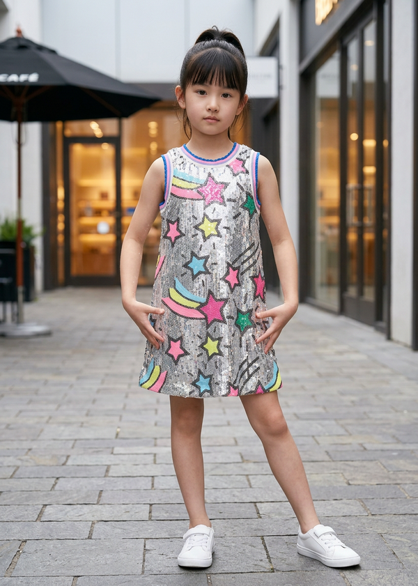 Silver Multi Shooting Star Sequin A-Line Dress