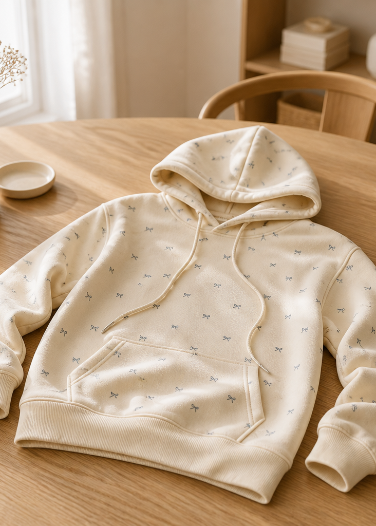 Girls’ Mini Bow Print Hoodie – Ivory