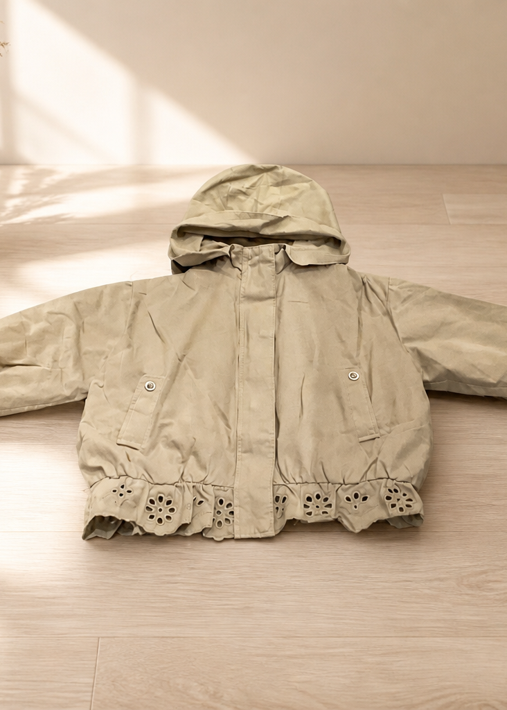 Girls’ Eyelet Lace Hem Hooded Jacket – Beige