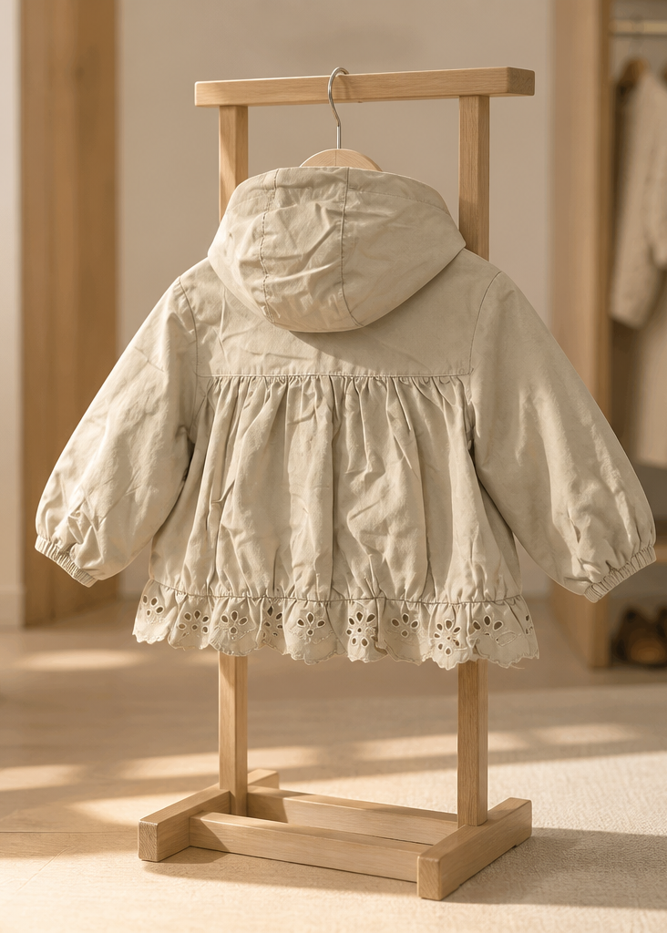 Girls’ Eyelet Lace Hem Hooded Jacket – Beige
